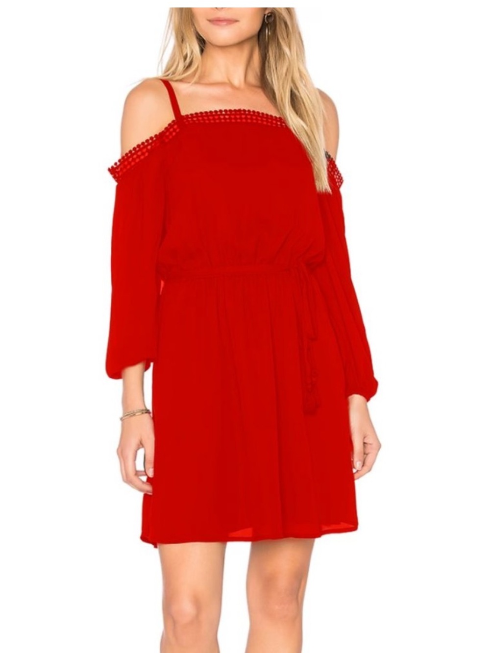 REBECCA MINKOFF Paradise Red Off The Shoulder Long Sleeve Dress Belted Western